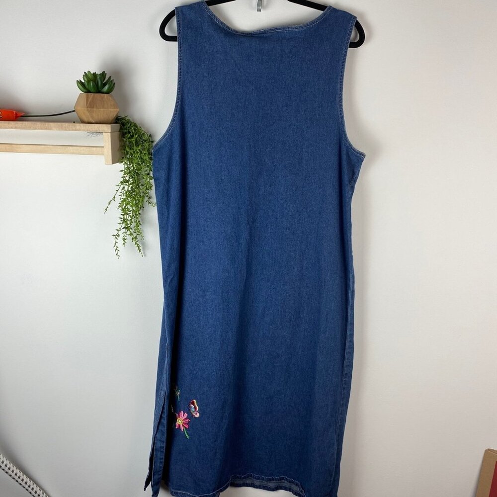 Quacker Factory Denim Dress Floral Butterfly Embroidery Cottagecore size Large